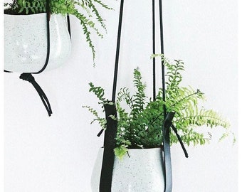 Two Leather Plant Hanger BLACK minimalist,  Gift Indoor hanging planter mid century modern, minimalist indoor leather plant hanger