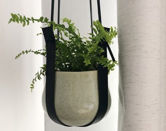 Leather Black Plant Hanger minimalist home decor, modern planter scandi gift home decor, plant lover gift long leather plant hanger