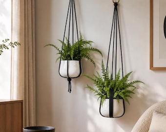 Two Leather Plant Hanger BLACK minimalist,  Gift Indoor hanging planter mid century modern, minimalist indoor leather plant hanger