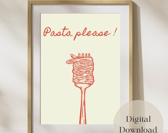 PASTA PLEASE PRINT retro wall decor, Printable Retro pasta lover Kitchen digital art, art deco print