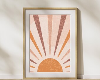 PINK Sun Boho print, Printable art Retro Boho pink Sun tone printable art, Wall decor retro pink and orange