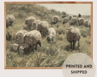 PRINTED Vintage Painting herd of sheeps neutral 8x10,  Neutral Vintage painting print on linen paper for wall decor gift