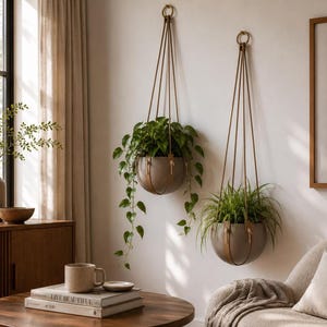 May include: Two hanging planters with greenery. The planters are a muted brown color and suspended by leather straps from brass rings. The plants have green leaves and are hanging against a white wall. The scene is in a well-lit room.