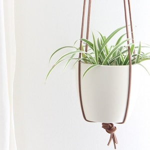 May include: A white ceramic planter with a green plant hanging from a brown leather macrame plant hanger.