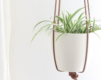 Leather Plant Hanger indoor minimalist, mid-century modern planter genuine leather, gift home decor  scandinavian