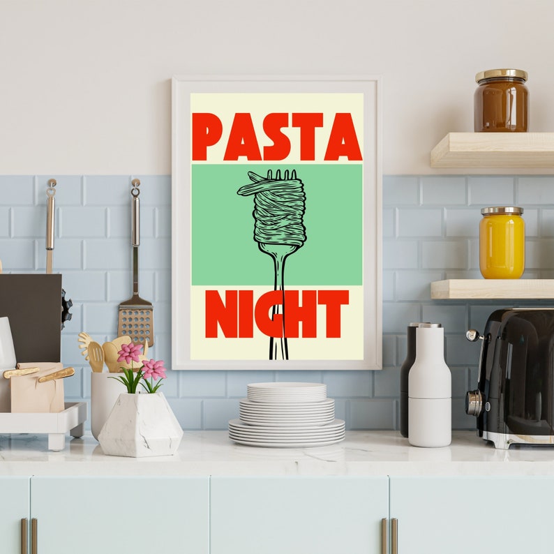 PASTA NIGHT PRINT retro wall decor, Printable Retro pasta lover Kitchen digital art, image 8