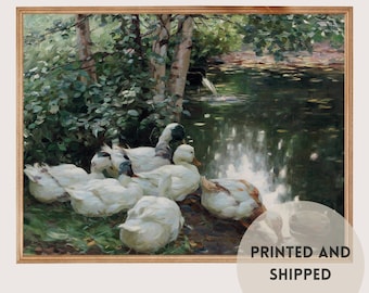 PRINTED Vintage Painting white ducks 8x10,  Vintage painting goose print on linen paper for wall decor gift