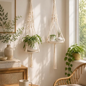 May include: Two cream-coloured macramé plant hangers suspended from the ceiling, each holding a potted plant. The hangers have wooden rings at the top and a tasseled bottom. The scene is set in a bright, airy room with a neutral colour palette.