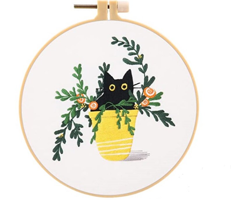 Embroidery Cat and plants Kit, Complete embroidery set DIY, Cat lover gift DIY, Kits for adults Craft embroidery Modern image 5