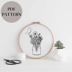 Flower pot Spring with butterfly embroidery pdf, wildflower Cottagecore template embroidery spring, line art embroidery ready to print