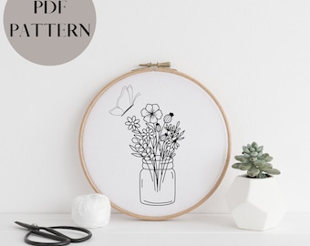 Flower pot Spring with butterfly embroidery pdf, wildflower Cottagecore template embroidery spring, line art embroidery ready to print