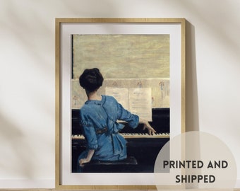 PRINTED Vintage Painting 8x10 pianist with blue dress , Moody Vintage painting print on textured paper for wall decor gift