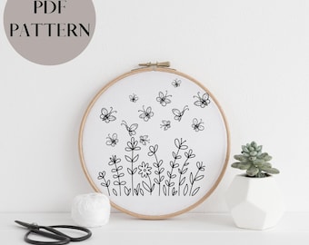 Spring wild flowers with butterfly embroidery pdf, Cottagecore template embroidery spring, line art embroidery ready to print