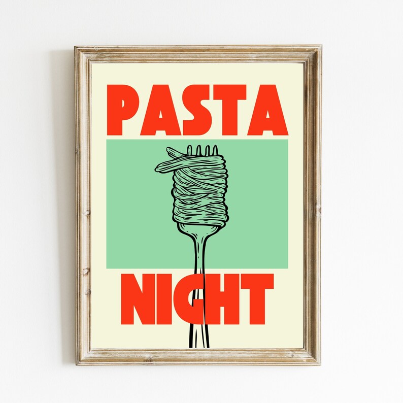 PASTA NIGHT PRINT retro wall decor, Printable Retro pasta lover Kitchen digital art, image 7