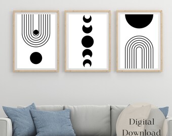 Boho set of 3 prints geometric black and white, Printable art Boho moon black and moon