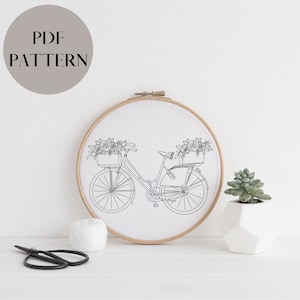 Fahrrad- und Blumen-Stickmuster, Frühlings-Fahrrad-Stickmuster, Zeichnung zum Ausdrucken zum Nähen, floraler minimalistischer PDF-Download