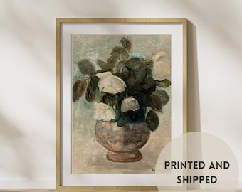 PRINTED Vintage Painting floral bouquet neutral 8x10,  Moody Vintage painting print on linen paper for wall decor gift