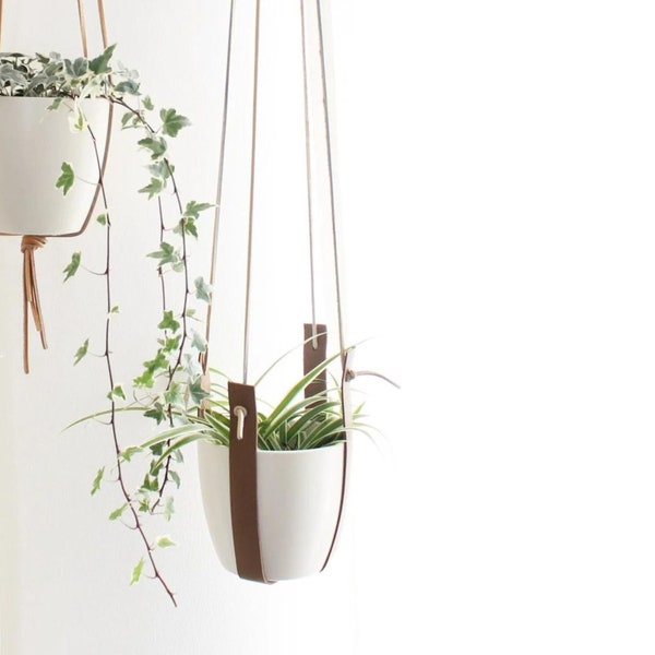 Leather Plant Hanger set of Two minimalist, Gift home decor for plants lover planter scandinavian mid-century modern, scandi decor