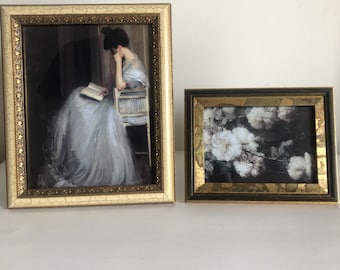 Set of 2 Gold vintage frames with print of a woman reading book and flowers, Upcycled thrifted art Wall frame 8x10 and 5x7 pictures gift