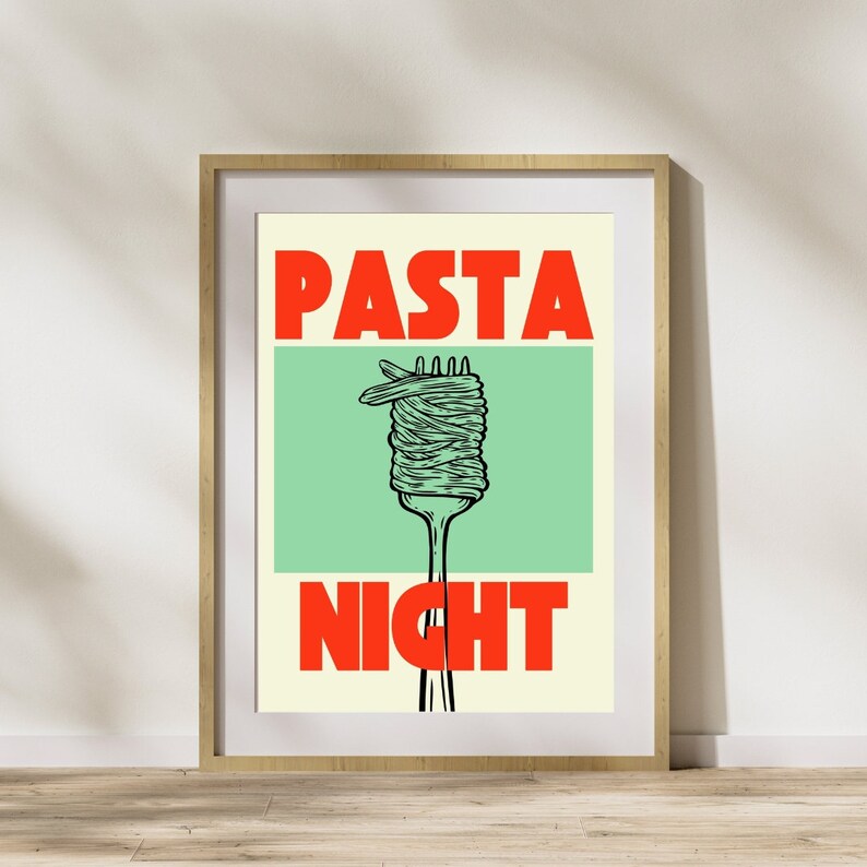 PASTA NIGHT PRINT retro wall decor, Printable Retro pasta lover Kitchen digital art, image 5