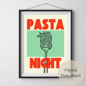 PASTA NIGHT PRINT retro wall decor, Printable Retro pasta lover Kitchen digital art, image 1