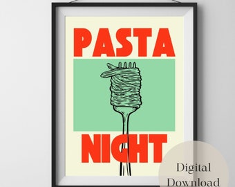 PASTA NIGHT PRINT retro wall decor, Printable Retro pasta lover Kitchen digital art,