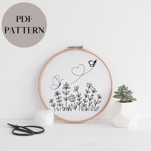 Spring wild flowers with butterfly and bee  embroidery pdf, Cottagecore template embroidery spring, line art embroidery ready to print