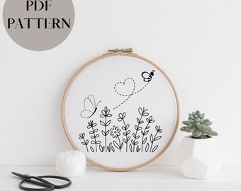 Patrón de bordado floral de primavera, dibujo de bordado campos de flores de mariposas y abejas, Dibujo imprimible para coser pdf