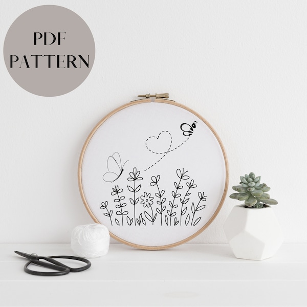 Spring wild flowers with butterfly and bee  embroidery pdf, Cottagecore template embroidery spring, line art embroidery ready to print