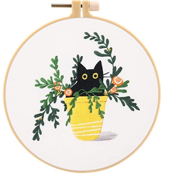 Embroidery Cat and plants Kit, Complete embroidery set DIY, Cat lover gift DIY,  Kits for adults Craft embroidery Modern