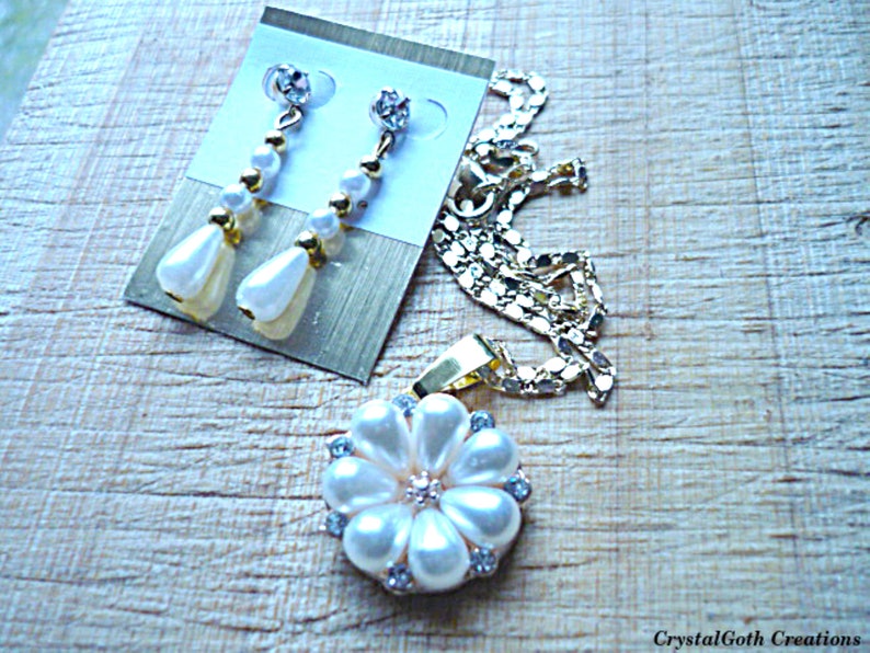 Pearl Teardrop Pendant on Button Link Chain plus Pearl Drop Earrings on a Crystal Stud