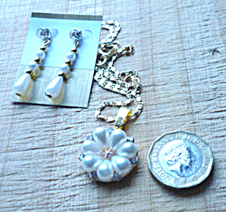 Pearl Teardrop Pendant on Button Link Chain plus Pearl Drop Earrings on a Crystal Stud