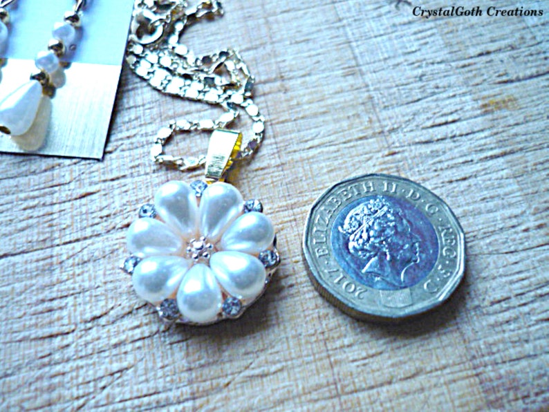 Pearl Teardrop Pendant on Button Link Chain plus Pearl Drop Earrings on a Crystal Stud