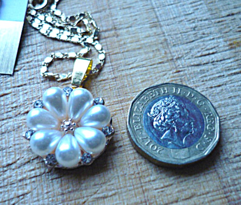 Pearl Teardrop Pendant on Button Link Chain plus Pearl Drop Earrings on a Crystal Stud