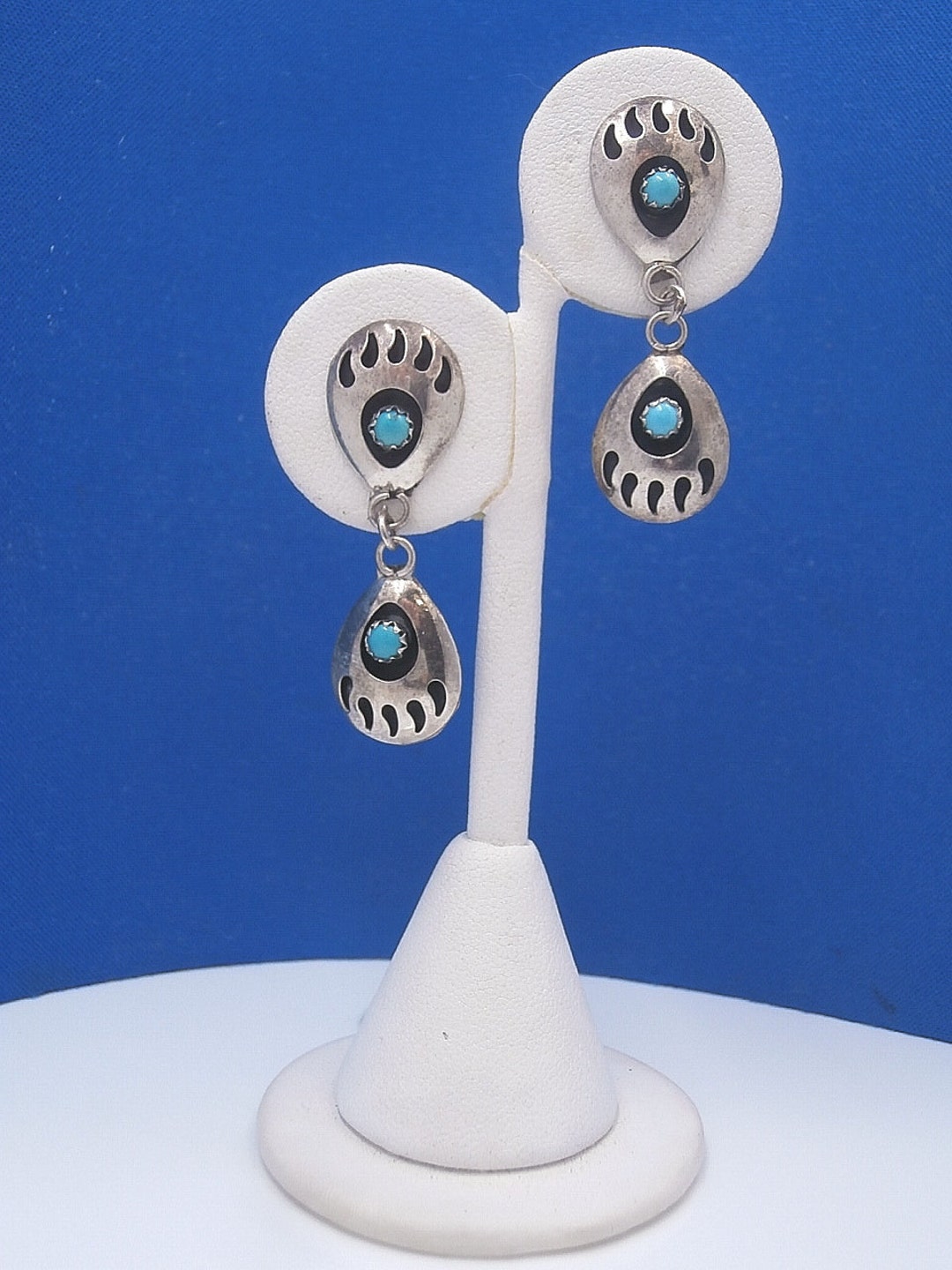 Vintage Navajo Sterling Silver With Turquoise Shadowbox Double Bear Paw ...