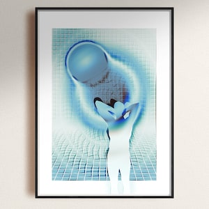Puede incluir: Una impresión de arte digital de una persona de pie en una habitación con azulejos azules y blancos. La persona está rodeada por un aura azul y un objeto grande, redondo y azul está por encima de ella.