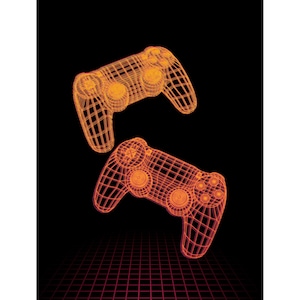 Puede incluir: Dos mandos de juego naranja con estructura de alambre sobre un fondo negro con una cuadrícula roja. Los mandos están en ángulo, sugiriendo movimiento. El diseño tiene una estética retro y digital, que evoca videojuegos.