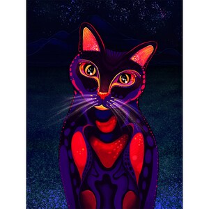 Trippy Mountain Cat Poster Print | Purple, Black, and Red Fantasy Cat Art Poster Print | Psy | Psychedelic Kitty | Visionary Art