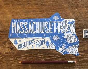 Massachusetts Postcard, Greetings from Massachusetts, Die Cut Letterpress Postcard