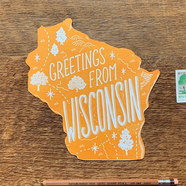 Wisconsin Postcard, Greetings from Wisconsin, Die Cut Letterpress State Postcard
