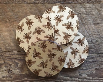 Honey Bee Pattern Coasters, Set of 4 Wood Coasters