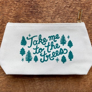 Astuccio in tela con cerniera, motivo "Portami tra gli alberi", motivo di un pino, astuccio con cerniera serigrafato