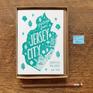 Jersey City Greeting Card, Salutations de Jersey City, New Jersey, Coffret de 6, A6 Cartes de notes pliées, Blank Inside