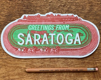 Saratoga Race Track Postcard, Greetings from Saratoga, New York, Single Die Cut Letterpress Postcard