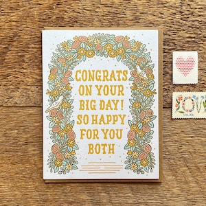 Gefeliciteerd bloemen huwelijksboog, gefeliciteerd kaart, trouwkaart, boekdruk notitiekaart, blanco binnenkant