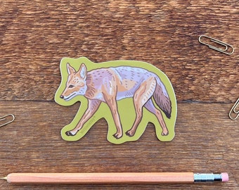May include: A sticker of a coyote walking on a yellow background. The coyote is brown and gray with a white chest and a black nose.