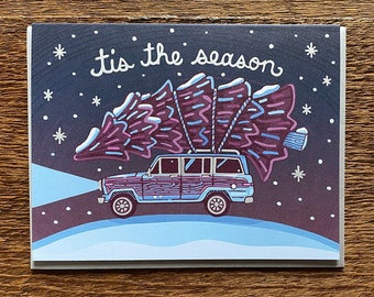 Tis the Season, Christmas Tree on Wagoneer Card, Griswold Christmas, Single Folded Silver Foil Christmas Card, Blank Inside