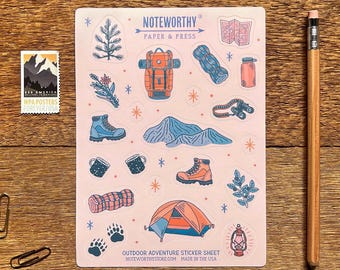 Camping Stickers, Hiking Adventure, Waterproof Vinyl Sticker Sheet