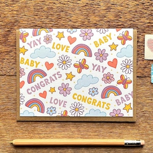 Baby-Muster, Babykarte, Regenbogen, Schmetterlingen Herzlichen Glückwunsch Babykarte, Letterpress Note Card, innen leer