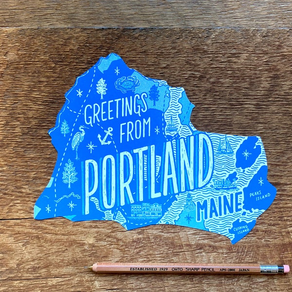 Portland, ME Postcard, Greetings from Portland, Maine, Die Cut Letterpress State Postcard